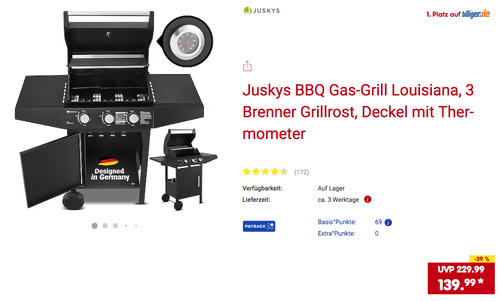 Juskys BBQ Gas-Grill "Louisiana" (3 Brenner, 52 x 38 cm Grillfläche, 8,1 kW) Juskys BBQ Gas-Grill "Louisiana" (3 Brenner, 52 x 38 cm Grillfläche, 8,1 kW)