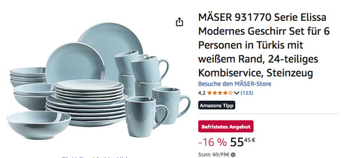 MÄSER 931770 Serie Elissa 24 tlg. Geschirr-Set in Türkis, Steinzeug MÄSER 931770 Serie Elissa 24 tlg. Geschirr-Set in Türkis, Steinzeug