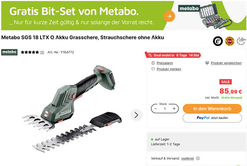 Metabo SGS 18 LTX Q Akku-Grasschere Solo inkl. Metabo 626721000 Bit-Set 29-teilig mit Mini-Taschenlampe Metabo SGS 18 LTX Q Akku-Grasschere Solo inkl. Metabo 626721000 Bit-Set 29-teilig mit Mini-Taschenlampe