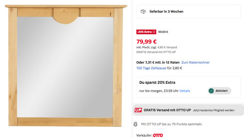 Otto.de - 20% Rabatt auf Möbel: z.B. HOME AFFAIRE 81x81 cm Garderobenspiegel "Klera", Kiefernholz Otto.de - 20% Rabatt auf Möbel: z.B. HOME AFFAIRE 81x81 cm Garderobenspiegel "Klera", Kiefernholz