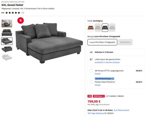 Otto.de - 200 Rabatt auf ausgewählte Möbel: z.B. ATLANTIC HOME COLLECTION XXL-Sessel Nobel in Luxus-Microfaser Vintageoptik Otto.de - 200 Rabatt auf ausgewählte Möbel: z.B. ATLANTIC HOME COLLECTION XXL-Sessel Nobel in Luxus-Microfaser Vintageoptik