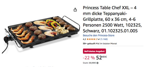 Princess 102325 Table Chef XXL Teppanyaki-Grillplatte (2500 Watt, 60 x 36 cm) Princess 102325 Table Chef XXL Teppanyaki-Grillplatte (2500 Watt, 60 x 36 cm)