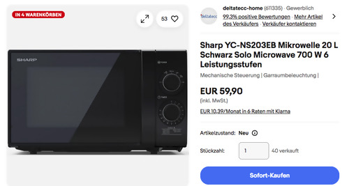 Sharp YC-NS203EB 20 L Mikrowelle, 6 Leistungsstufen Sharp YC-NS203EB 20 L Mikrowelle, 6 Leistungsstufen