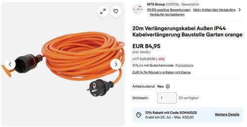 UNITEC 31150 20m IP44 Verlängerungskabel in Orange UNITEC 31150 20m IP44 Verlängerungskabel in Orange
