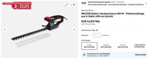 WALTER 450 W Elektro-Heckenschere, 408 mm Schnitt WALTER 450 W Elektro-Heckenschere, 408 mm Schnitt
