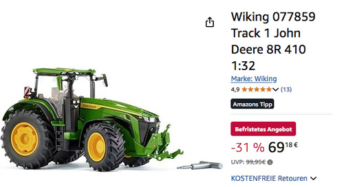Wiking 077859 Track 1 John Deere 8R 410 1:32 Modell Wiking 077859 Track 1 John Deere 8R 410 1:32 Modell