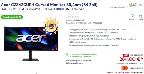 Acer CZ342CURH 86,4cm (34 Zoll) Curved Monitor (UWQHD, 100Hz, HDMI, DisplayPort) Acer CZ342CURH 86,4cm (34 Zoll) Curved Monitor (UWQHD, 100Hz, HDMI, DisplayPort)