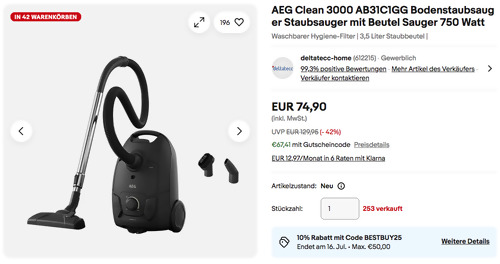 AEG Clean 3000 AB31C1GG Bodenstaubsauger mit Beutel, 750 Watt AEG Clean 3000 AB31C1GG Bodenstaubsauger mit Beutel, 750 Watt