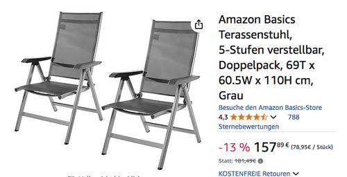 Amazon Basics 69 x 60.5 x 110 cm Terassenstuhl 2er Set in Grau, 5-Stufen verstellbar Amazon Basics 69 x 60.5 x 110 cm Terassenstuhl 2er Set in Grau, 5-Stufen verstellbar