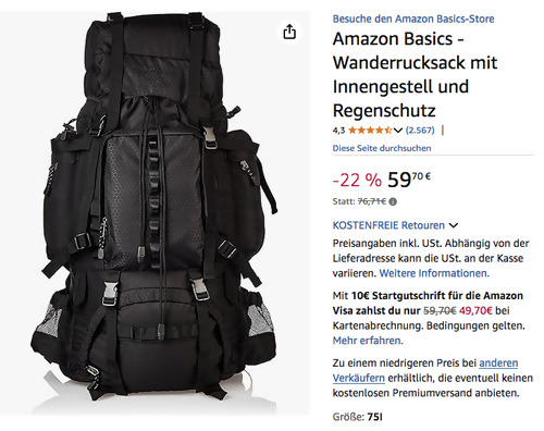 Amazon Basics 75 Liter Wanderrucksack in Schwarz Amazon Basics 75 Liter Wanderrucksack in Schwarz