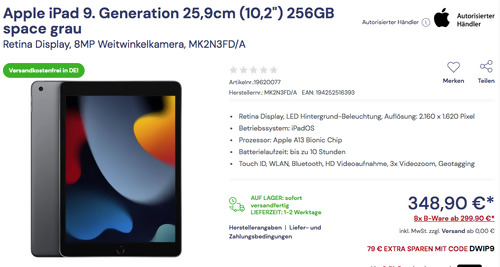 Apple MK2N3FD/A iPad 9. Generation 25,9cm (10,2") 256GB in Space grau Apple MK2N3FD/A iPad 9. Generation 25,9cm (10,2") 256GB in Space grau