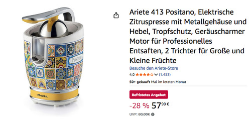 Ariete 0413/0P Positano Elektrische Zitruspresse, 2 Kegel inklusive Ariete 0413/0P Positano Elektrische Zitruspresse, 2 Kegel inklusive