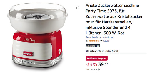 Ariete Zuckerwattemaschine Party Time 2973 in Rot Ariete Zuckerwattemaschine Party Time 2973 in Rot