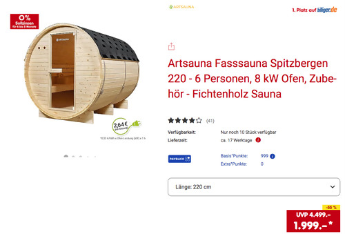 Artsauna Fasssauna "Spitzbergen 220" (6 Personen, 8 kW Ofen, Zubehör) Artsauna Fasssauna "Spitzbergen 220" (6 Personen, 8 kW Ofen, Zubehör)