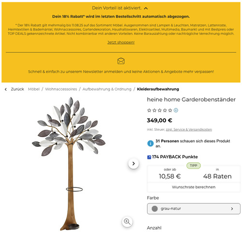 Baur.de - 18% Rabatt auf Möbel: z.B. heine home 5003862289 Garderobenständer Baur.de - 18% Rabatt auf Möbel: z.B. heine home 5003862289 Garderobenständer