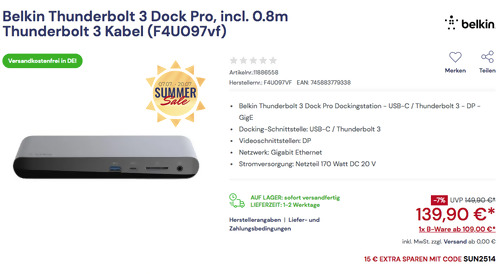 Belkin Thunderbolt 3 Dock Pro Dockingstation (USB-C / Thunderbolt 3 - DP - GigE) Belkin Thunderbolt 3 Dock Pro Dockingstation (USB-C / Thunderbolt 3 - DP - GigE)
