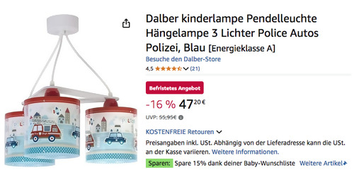 Dalber 60614 Kinderzimmer-Hängelampe "Police" mit 3 Lichtern Dalber 60614 Kinderzimmer-Hängelampe "Police" mit 3 Lichtern