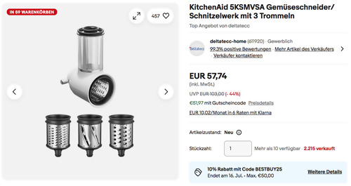 Ebay - 10% Rabatt auf Elektronik & Haushaltsgeräte: z.B.KitchenAid 5KSMVSA Gemüseschneider für KitchenAid-Küchenmaschinen Ebay - 10% Rabatt auf Elektronik & Haushaltsgeräte: z.B.KitchenAid 5KSMVSA Gemüseschneider für KitchenAid-Küchenmaschinen