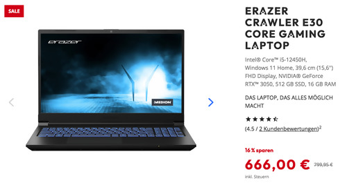 ERAZER® Crawler E30 (MD62544) Core 15,6'' Gaming Laptop (i5-12450H, GeForce RTX 3050, 512 GB SSD, 16 GB RAM) ERAZER® Crawler E30 (MD62544) Core 15,6'' Gaming Laptop (i5-12450H, GeForce RTX 3050, 512 GB SSD, 16 GB RAM)