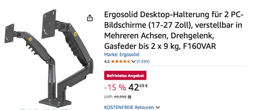 Ergosolid F160VAR Desktop-Halterung für 2 PC-Bildschirme (17-27 Zoll) Ergosolid F160VAR Desktop-Halterung für 2 PC-Bildschirme (17-27 Zoll)