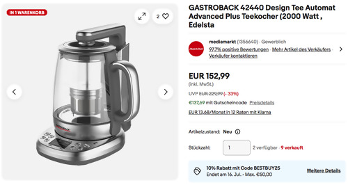 GASTROBACK 42440 Design Tee Automat/Teekocher mit Siebeinsatz GASTROBACK 42440 Design Tee Automat/Teekocher mit Siebeinsatz