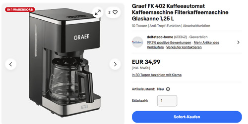 Graef FK 402 Filterkaffeemaschine mit 1,25 L Glaskanne Graef FK 402 Filterkaffeemaschine mit 1,25 L Glaskanne