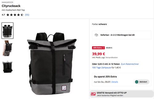 KANGAROOS Cityrucksack mit modischem Roll Top in Schwarz KANGAROOS Cityrucksack mit modischem Roll Top in Schwarz