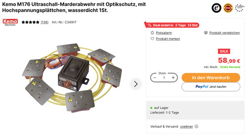 Kemo M176 Ultraschall-Marderabwehr mit Optikschutz Kemo M176 Ultraschall-Marderabwehr mit Optikschutz