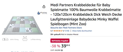 Medi Partners 120x120cm Krabbeldecke/Spielmatte "Mint Zoo", 100% Baumwolle Medi Partners 120x120cm Krabbeldecke/Spielmatte "Mint Zoo", 100% Baumwolle