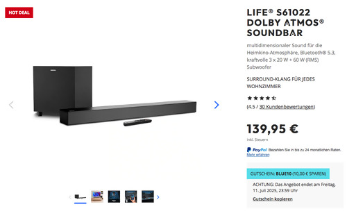 MEDION LIFE® S61022 Dolby Atmos® Soundbar, 3 x 20 W RMS Ausgangsleistung mit 60 Watt Subwoofer MEDION LIFE® S61022 Dolby Atmos® Soundbar, 3 x 20 W RMS Ausgangsleistung mit 60 Watt Subwoofer