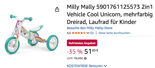 Milly Mally 2in1 Vehicle Cool Unicorn Dreirad Milly Mally 2in1 Vehicle Cool Unicorn Dreirad
