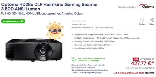 Optoma HD28e DLP Heimkino Gaming Beamer, 3800 ANSI Lumen Optoma HD28e DLP Heimkino Gaming Beamer, 3800 ANSI Lumen