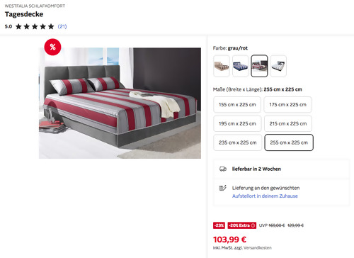 Otto.de - 20% Rabatt auf ausgewählte Möbel: z.B. WESTFALIA SCHLAFKOMFORT 225 x 225 cm Tagesdecke Otto.de - 20% Rabatt auf ausgewählte Möbel: z.B. WESTFALIA SCHLAFKOMFORT 225 x 225 cm Tagesdecke