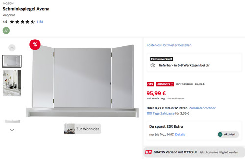 Otto.de - 20% Rabatt auf Bad-, Garderoben- & Büromöbel: z.B. INOSIGN 100x67 cm Schminkspiegel "Avena", klappbar Otto.de - 20% Rabatt auf Bad-, Garderoben- & Büromöbel: z.B. INOSIGN 100x67 cm Schminkspiegel "Avena", klappbar