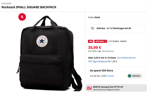 Otto.de - 20% Rabatt auf Herren- & Kindermode: z.B. CONVERSE Rucksack SMALL SQUARE BACKPACK in Black Otto.de - 20% Rabatt auf Herren- & Kindermode: z.B. CONVERSE Rucksack SMALL SQUARE BACKPACK in Black