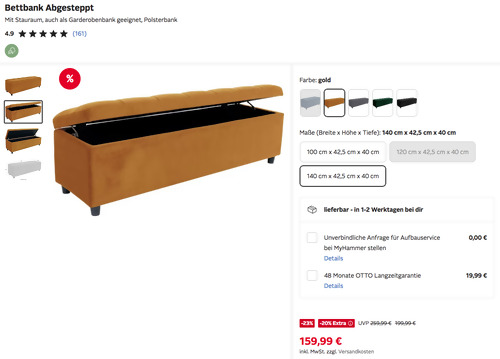 Otto.de - 20% Rabatt auf Schlaf- & Kinderzimmermöbel: z.B. Bettbank "Abgesteppt" 140 cm in Gold Otto.de - 20% Rabatt auf Schlaf- & Kinderzimmermöbel: z.B. Bettbank "Abgesteppt" 140 cm in Gold