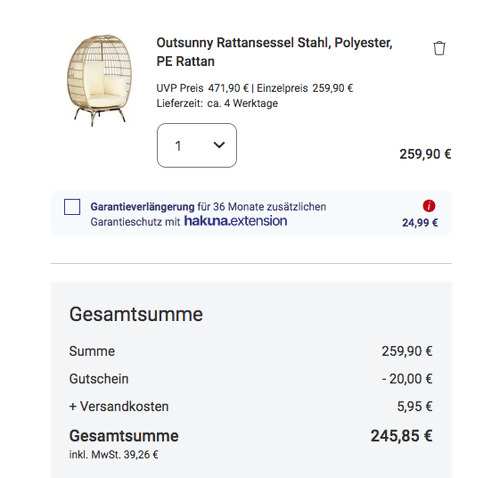 Outsunny Rattansessel in Korbform, 105L x 90B x 148H cm Outsunny Rattansessel in Korbform, 105L x 90B x 148H cm