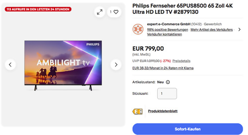 Philips 65PUS8500 65 Zoll (164 cm) Ambilight LED-TV (4K Ultra, Dolby Atmos) Philips 65PUS8500 65 Zoll (164 cm) Ambilight LED-TV (4K Ultra, Dolby Atmos)