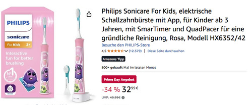 Philips HX6352/42 Sonicare For Kids elektrische Schallzahnbürste in Rosa Philips HX6352/42 Sonicare For Kids elektrische Schallzahnbürste in Rosa