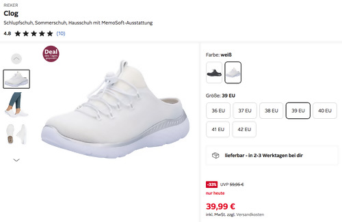 RIEKER Damen Clog Schlupfschuh in Weiß oder Schwarz, 36-42 RIEKER Damen Clog Schlupfschuh in Weiß oder Schwarz, 36-42