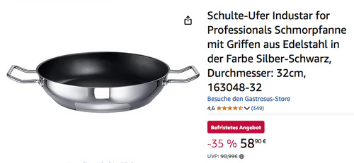 Schulte-Ufer 163048-32 32 cm Industar Schmorpfanne, DIAMAS-PRO Antihaft-Beschichtung Schulte-Ufer 163048-32 32 cm Industar Schmorpfanne, DIAMAS-PRO Antihaft-Beschichtung