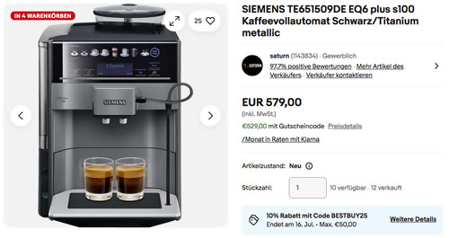SIEMENS TE651509DE EQ6 plus s100 Kaffeevollautomat in Schwarz/Titanium SIEMENS TE651509DE EQ6 plus s100 Kaffeevollautomat in Schwarz/Titanium