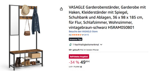 VASAGLE HSRAM050B01 Garderobenständer in Vintagebraun/Schwarz, 36 x 98 x 185 cm VASAGLE HSRAM050B01 Garderobenständer in Vintagebraun/Schwarz, 36 x 98 x 185 cm