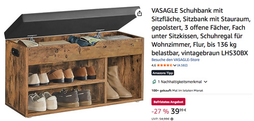 VASAGLE LHS30BX Schuhbank mit Sitzfläche 30T x 80B x 44H cm in Vintagebraun VASAGLE LHS30BX Schuhbank mit Sitzfläche 30T x 80B x 44H cm in Vintagebraun