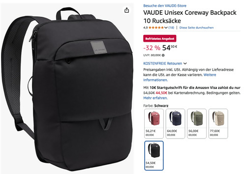 VAUDE Unisex Coreway Backpack 10 Rucksack in Schwarz VAUDE Unisex Coreway Backpack 10 Rucksack in Schwarz