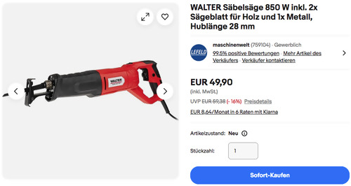 WALTER Säbelsäge 850 W inkl. 2x Sägeblatt für Holz und 1x Metall WALTER Säbelsäge 850 W inkl. 2x Sägeblatt für Holz und 1x Metall
