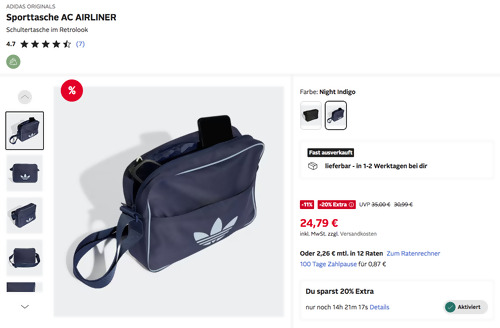 ADIDAS ORIGINALS Sporttasche AC AIRLINER in Schwarz oder Night Indigo ADIDAS ORIGINALS Sporttasche AC AIRLINER in Schwarz oder Night Indigo