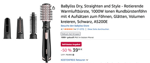 BaByliss AS200E rotierende Warmluftbürste mit 4 Aufsätzen, 1000W Ionen Rundbürstenföhn BaByliss AS200E rotierende Warmluftbürste mit 4 Aufsätzen, 1000W Ionen Rundbürstenföhn