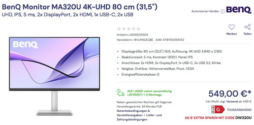 BenQ MA320U 4K-UHD 80 cm (31,5") Monitor (5 ms, IPS, Pivot) BenQ MA320U 4K-UHD 80 cm (31,5") Monitor (5 ms, IPS, Pivot)