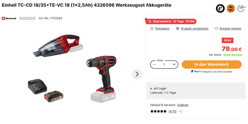 Einhell TC-CD 18/35 Li Akku-Bohrschrauber + TE-VC 18 Li Akku-Handstaubsauger + PXC-Starter-Kit 18V 2,5Ah Werkzeugset Einhell TC-CD 18/35 Li Akku-Bohrschrauber + TE-VC 18 Li Akku-Handstaubsauger + PXC-Starter-Kit 18V 2,5Ah Werkzeugset